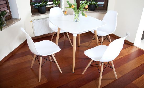 NOWOCZESNY ZESTAW ST&Oacute;Ł + 4 KRZESŁA kolekcja MEDIOLAN KWADRATOWY BIAŁY