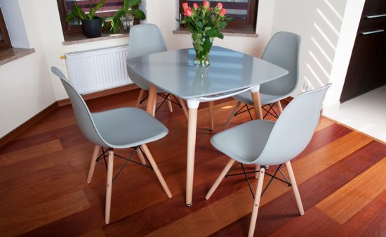 NOWOCZESNY ZESTAW ST&Oacute;Ł + 4 KRZESŁA kolekcja MEDIOLAN KWADRATOWY SZARY