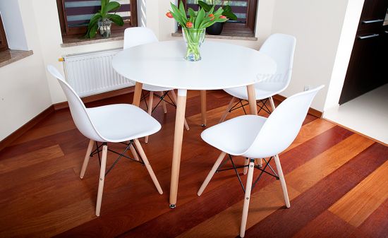NOWOCZESNY ZESTAW ST&Oacute;Ł OKRĄGŁY FI 100 BIAŁY + 4 KRZESŁA