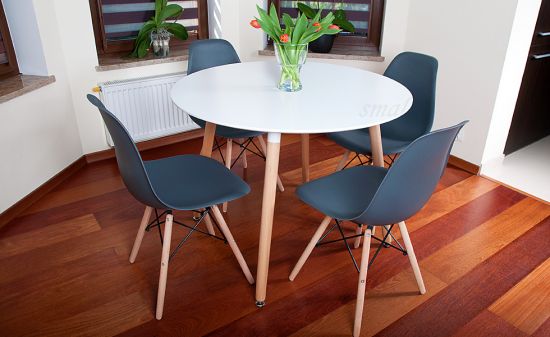 NOWOCZESNY ZESTAW ST&Oacute;Ł OKRĄGŁY FI 100 BIAŁY + 4 KRZESŁA GRAFITOWE