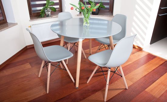 NOWOCZESNY ZESTAW ST&Oacute;Ł OKRĄGŁY FI 100 SZARY + 4 KRZESŁA 