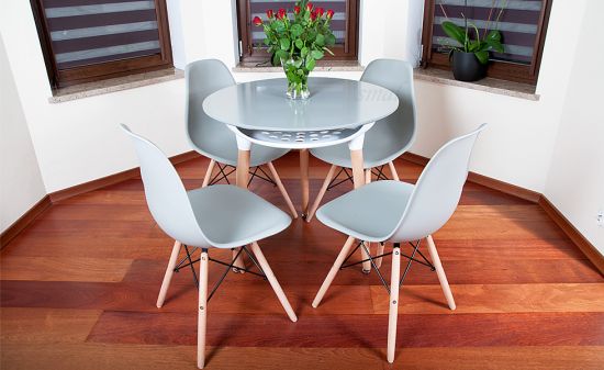 NOWOCZESNY ZESTAW ST&Oacute;Ł OKRĄGŁY FI 80 SZARY + 4 KRZESŁA