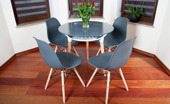 NOWOCZESNY ZESTAW ST&Oacute;Ł OKRĄGŁY FI 80 GRAFITOWY + 4 KRZESŁA 