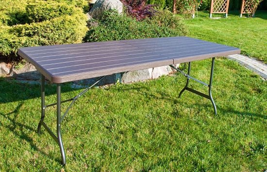 ST&Oacute;Ł CATERINGOWY OGRODOWY SKŁADANY dł. 180 cm o wzorze DESKI BRĄZOWY