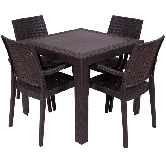 Zestaw St&oacute;ł SATURNO + 4 Krzesła PCV technorattan Brązowy