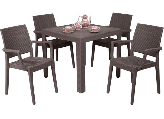 Zestaw St&oacute;ł SATURNO + 4 Krzesła PCV technorattan Cappuccino