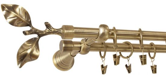 Karnisz LIŚĆ R&Oacute;ŻY Antyk Mosiądz, Podw. 19 + 19 wspornik regulowany