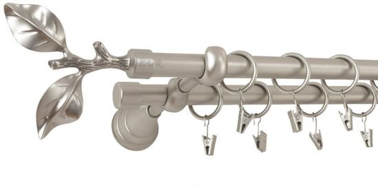 Karnisz LIŚĆ R&Oacute;ŻY Satyna Nikiel Podw. 19 + 19 wspornik regulowany