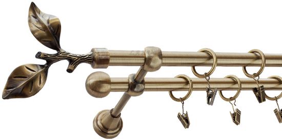 Karnisz LIŚĆ R&Oacute;ŻY Antyk Mosiądz, Podw&oacute;jny 16 +16 rura gładka