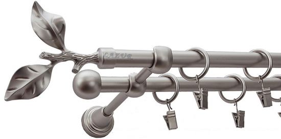 Karnisz LIŚĆ R&Oacute;ŻY Satyna Nikiel, Podw&oacute;jny 16 +16 rura gładka