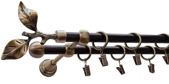 Karnisz LIŚĆ R&Oacute;ŻY Antyk Mosiądz, Podw&oacute;jny 16 +16 rura wenge