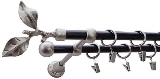 Karnisz LIŚĆ R&Oacute;ŻY Satyna Nikiel, Podw&oacute;jny 16 +16 rura wenge