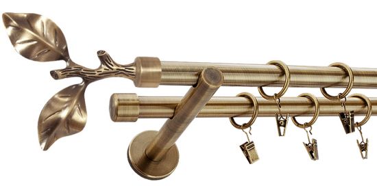 Karnisz LIŚĆ R&Oacute;ŻY Antyk Mosiądz Podw. 19 + 19 wspornik prosty