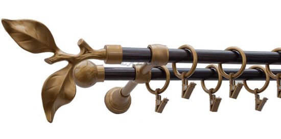 Karnisz Motyw Kute Stare Złoto + Wenge, Podw&oacute;jne 16 + 16 LIŚĆ R&Oacute;ŻY