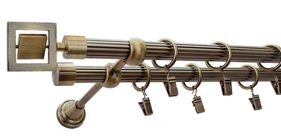 Karnisz RUBIK Antyk Mosiądz, Podw&oacute;jny 19 + 19 rura ryflowana