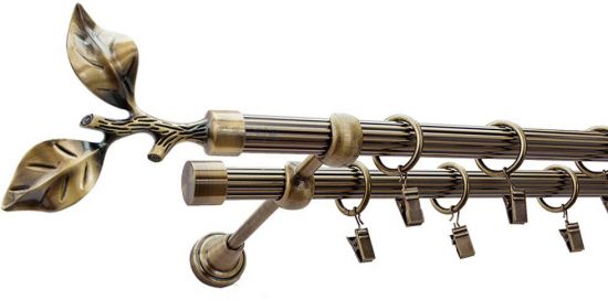 Karnisz LIŚĆ R&Oacute;ŻY Antyk Mosiądz, Podw&oacute;jny 19 + 19 rura ryflowana