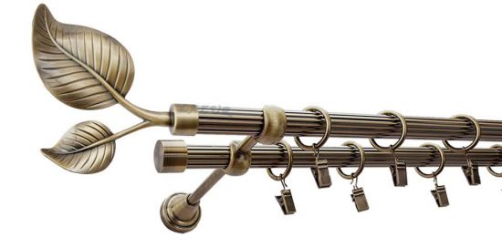 Karnisz DUŻY LIŚĆ Antyk Mosiądz, Podw&oacute;jny 19 + 19 rura ryflowana