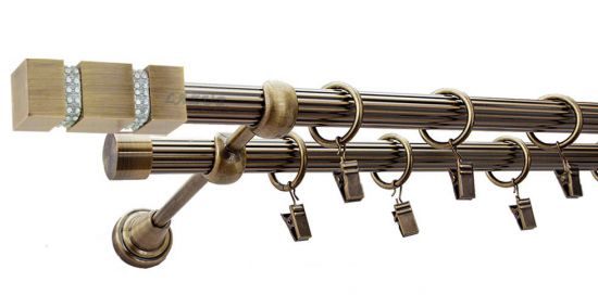 Karnisz FOSSI Antyk Mosiądz, Podw&oacute;jny 19 + 19 rura ryflowana