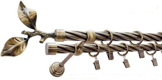 Karnisz LIŚĆ R&Oacute;ŻY Antyk Mosiądz, Podw&oacute;jny 19 + 19 rura skrętna