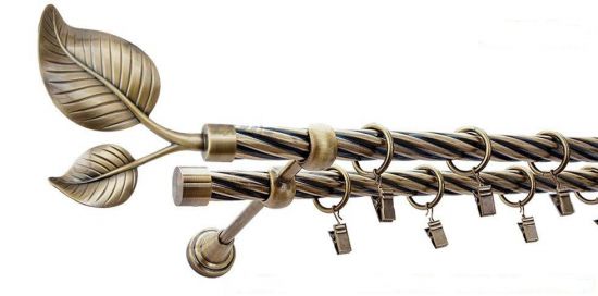 Karnisz DUŻY LIŚĆ Antyk Mosiądz, Podw&oacute;jny 19 + 19 rura skrętna