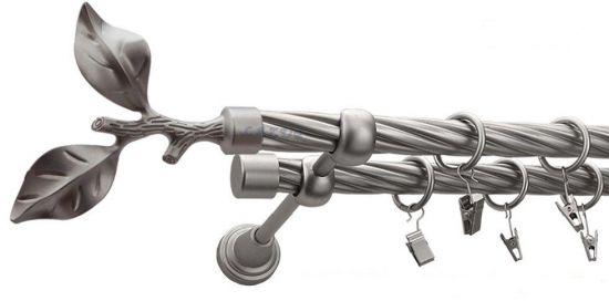 Karnisz LIŚĆ R&Oacute;ŻY Satyna Nikiel, Podw&oacute;jny 19 + 19 rura skrętna