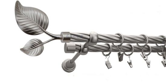 Karnisz DUŻY LIŚĆ Satyna Nikiel, Podw&oacute;jny 19 + 19 rura skrętna