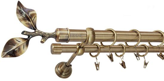 Karnisz LIŚĆ R&Oacute;ŻY Antyk Mosiądz, Podw&oacute;jny 25 +19 rura gładka