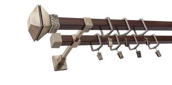 Karnisz MERCURY Stare Złoto + Orzech, Podw&oacute;jny 20 + 20 mm KWADRO