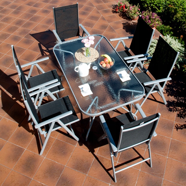 zestaw ogrodowy torino srebrny galeria zdjęc taras zdjęcie z g&oacute;ry 4 krzesła czarny srebrno czarny